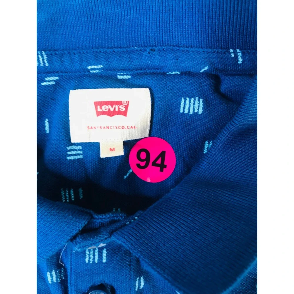 Levi's Polo Shirt Mens Medium Blue Geometric Dash Print Short Sleeve Logo Pique